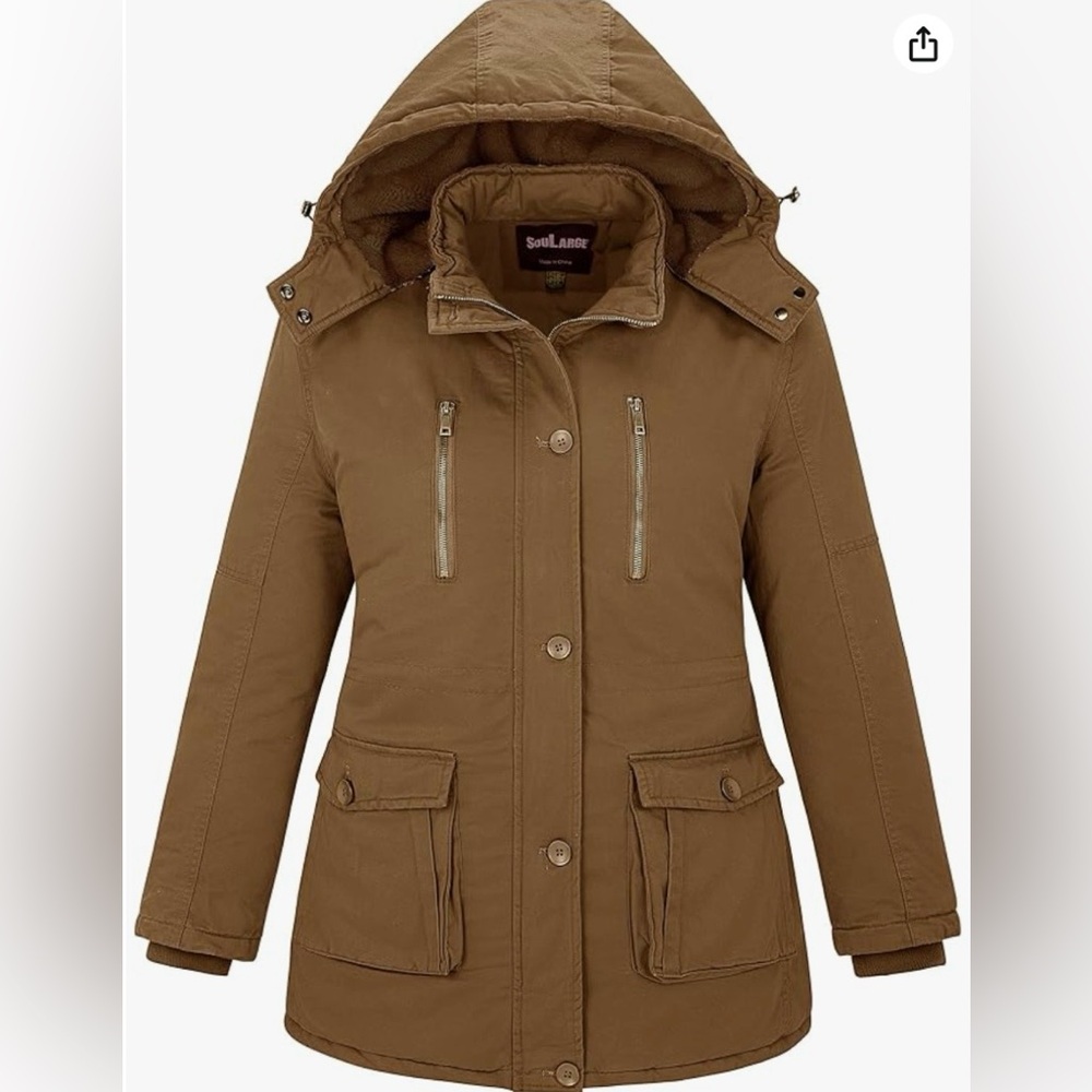 SouLarge Women's Winter Plus Size Thickened 100% Cotton Jacket/Coat Brown Sz 2XL